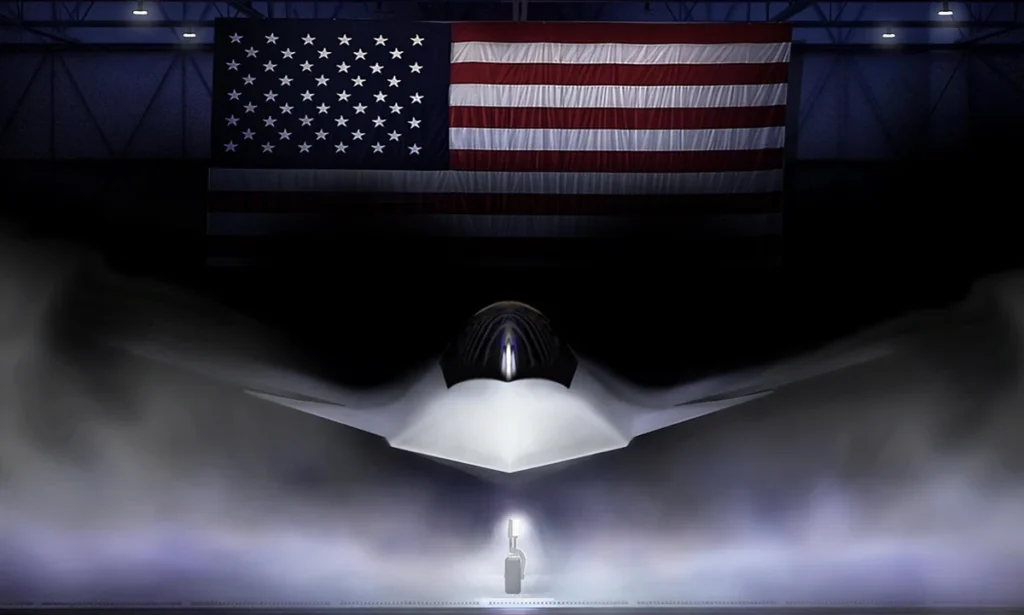 Artist rendering of stealth bomber aircraft with American flag in hangar